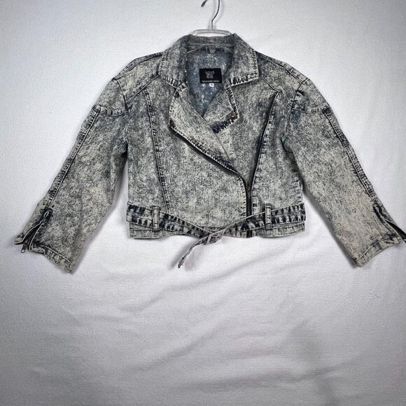 Acid Washed Cropped Jacket Denim SZ 12 Designed by Cosmic‎ Belted Punk 80's - Picture 1 of 16
